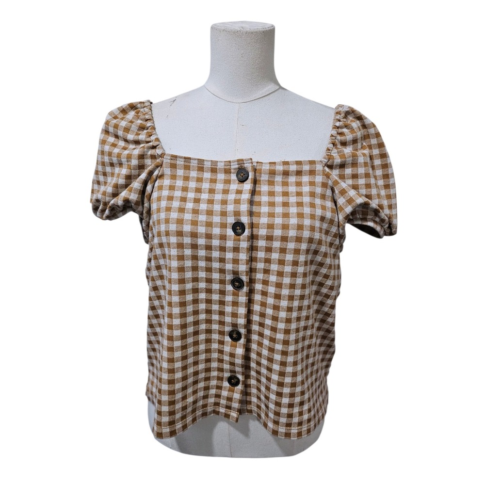 Madewell Gingham Puff Sleeve Button Front Top Tan White NA410 Womens Large